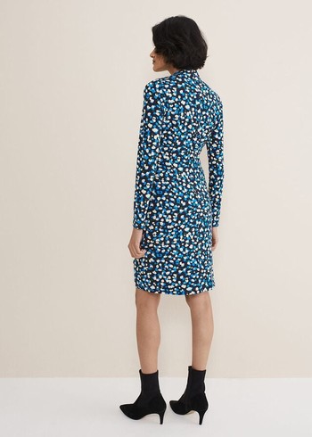 Phase Eight Juno Ruched V Neck Dotty Bodycon Dress Blue/Multicolor Canada | QZJSPX-170